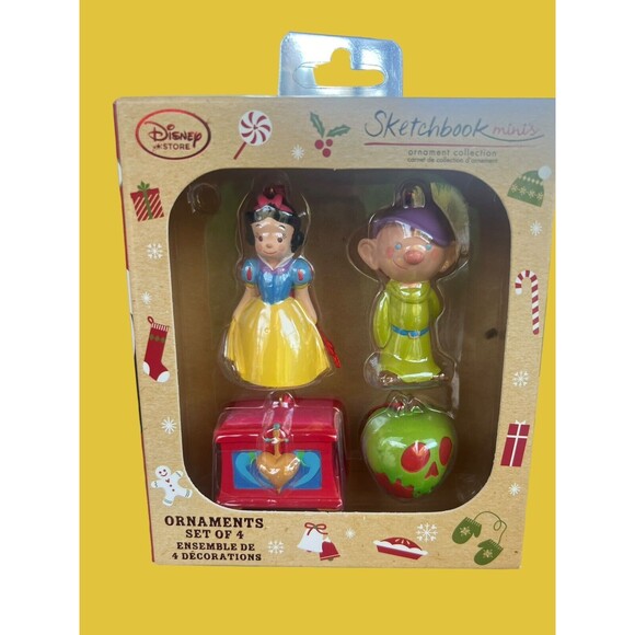 Disney Store Sketchbook Minis 4 Set Christmas Ornaments Snow White & Dopey (NIB) - Picture 4 of 8